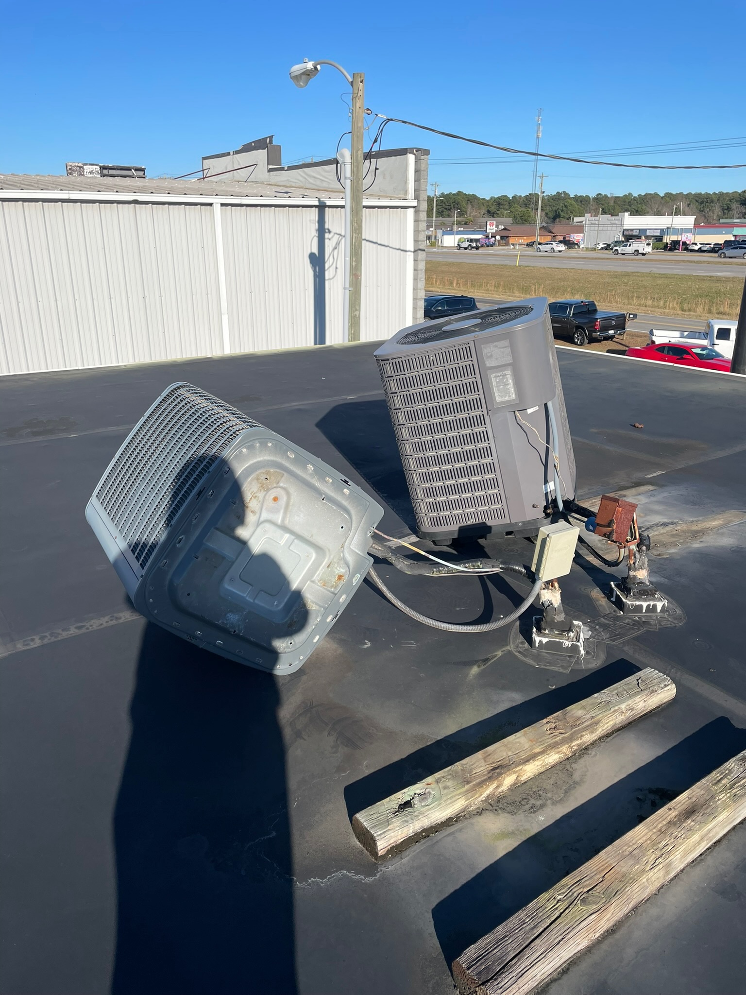 Rooftop HVAC unit knocked over before